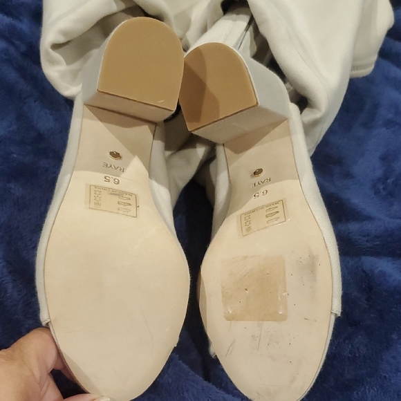 RAYE Cream Thigh High Over-the-Knee Peep Toe Open Heel Back Zip Boots - Picture 9 of 12